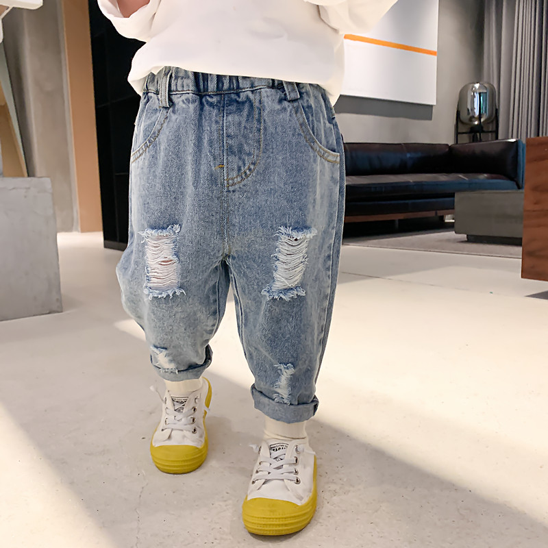 Cute germination boy Broken Cave Jeans 2022 New Spring Clothing Children's Han Version Long Pants Foreign Pie Baby Pants