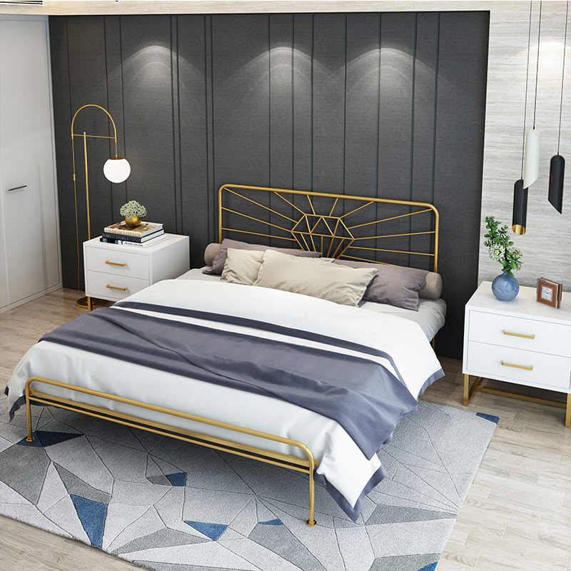 Nordic golden double bed ins simple wrought iron bed 1 5 meters 1 8 meters soft package back metal retro single bed