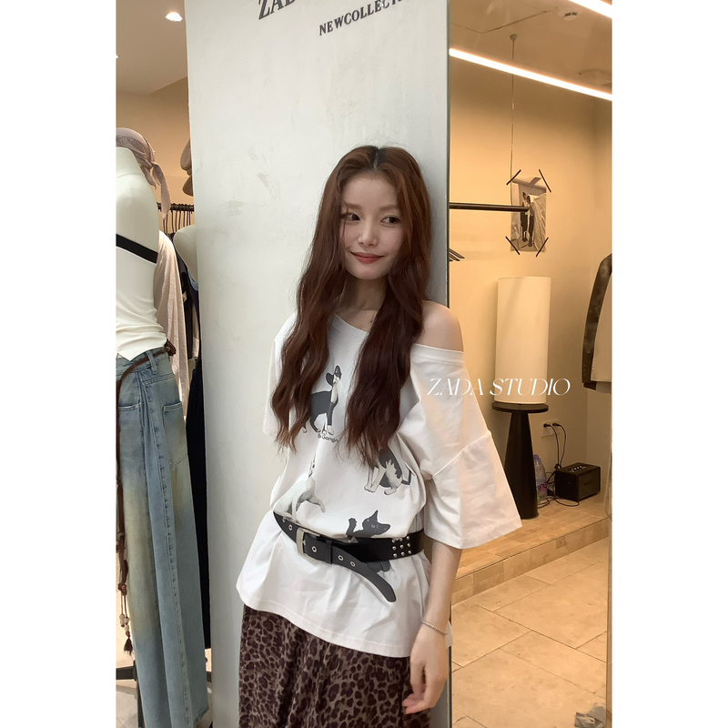 Zada-Cat Day Cat Print Off-Shoulder Loose Cartoon Anime T-Shirt Women's Summer Short Sleeve T-Shirt Zzh7191