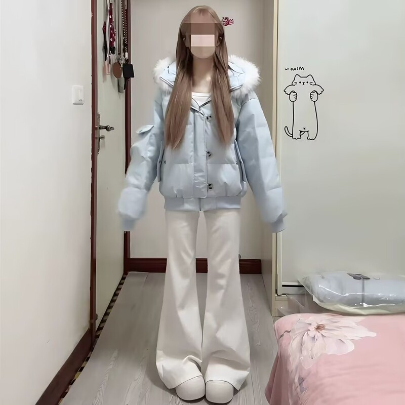 Short Light Blue Fur Collar Cotton Jacket for Petite Women, New Winter Style, Thickened Cotton Coat, Student Sweet Girl Puffer Jacket Short Light Blue Fur Collar Cotton Jacket for Petite Women, New Winter Style, Thickened Cotton Coat, Student Sweet Girl Puffer Jacket