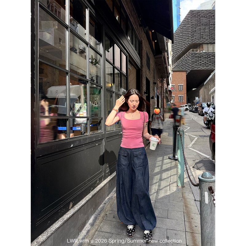 Lwr with U West Street Record Store Versatile Workwear Patch Pocket Denim Long Pants Casual Straight Wide-Leg Pants for Women Summer