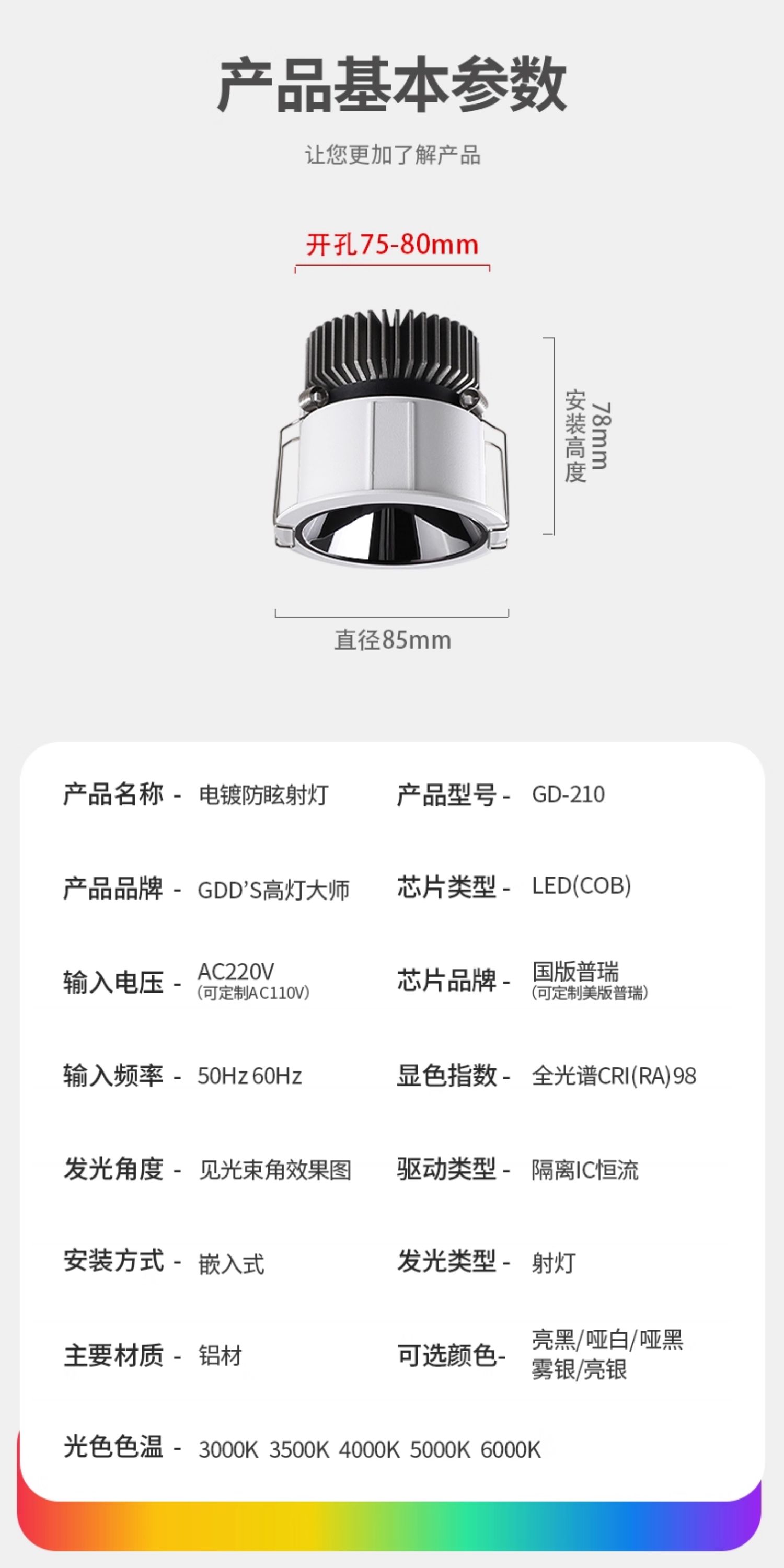 【弹簧款】全光谱射灯95mm开孔大功率防眩铝扣板蜂窝大板专用吊顶 图文详情 21