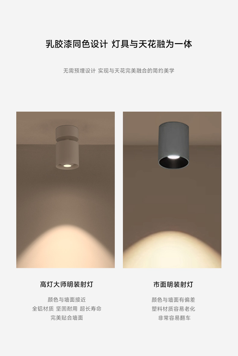 可可蛋奶明装射灯吸顶可摆头免开孔中古奶油风客厅无主灯天花防眩 图文详情 4
