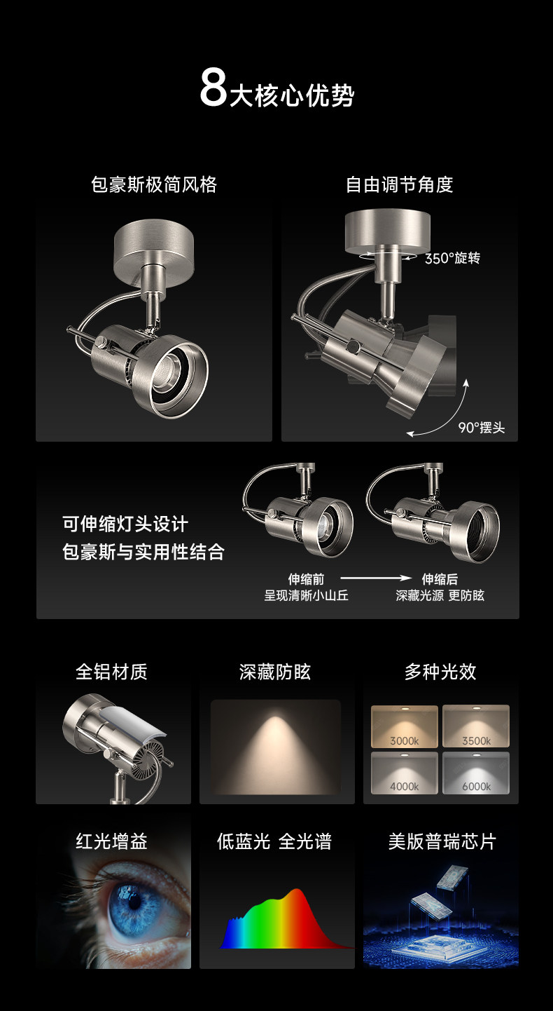 明装射灯不锈钢包豪斯客厅吸顶灯银色中古工业可调角度智能无主灯 图文详情 9