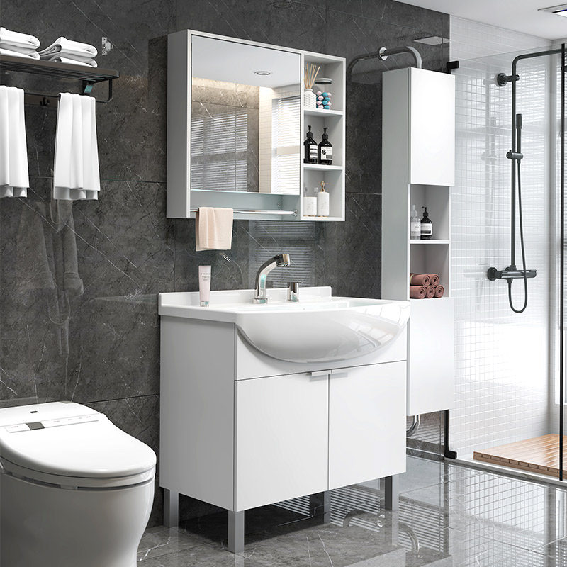 Kommanda Solid Wood Bath Cabinet Combined Nordic Floor-Floor Bath Cabinet Large Table Basin Cabinet Modern Minima Ceramic Mirror Cabinet