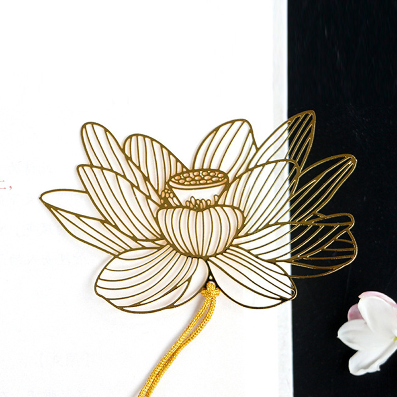 Pure Copper Lotus Flower Hollow Bookmark Exquisite Tassel Chinese Style Retro Classic Creative Zen Non-customized Gift Simple Pack