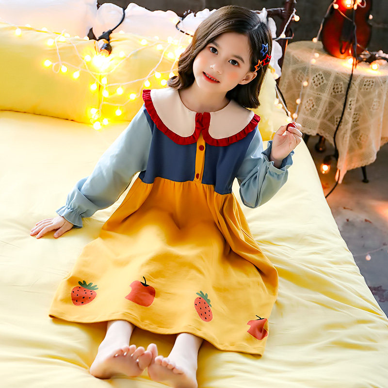 Children Suit Sleeping Dress Pure Cotton Girl Spring Autumn Long Sleeve Printed Girl Sleepwear Skirt CUHK Child Princess Home Conserved Tide
