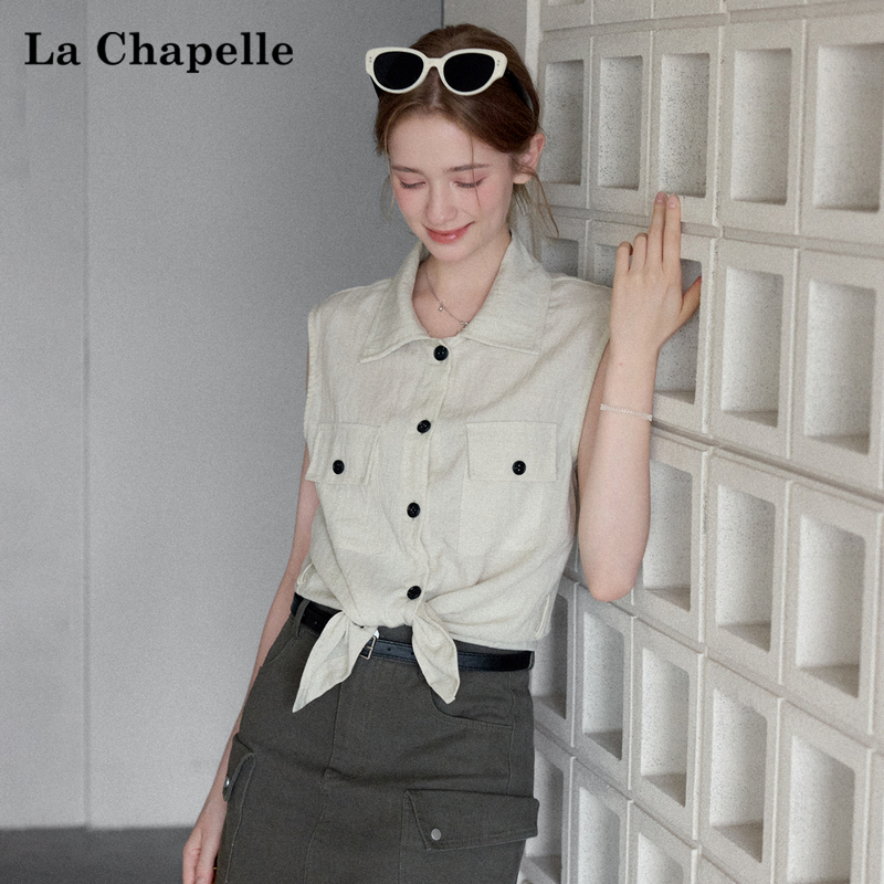 La Chapelle Workwear Style Waist-Cinching Tie Sleeveless Vest for Women 2026 Summer Lapel Button-Up Shirt Slim Fit Top