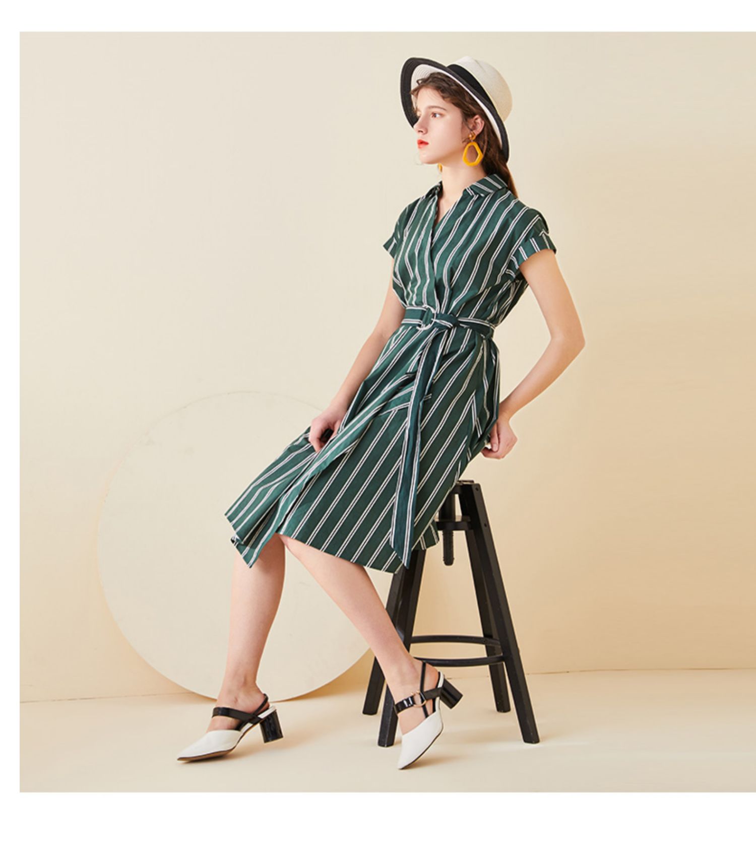 2019 phụ nữ mới mùa hè áo sọc xanh váy phong cách Pháp khí lỏng tay ngắn váy dài - Váy eo cao váy chiết eo cao	