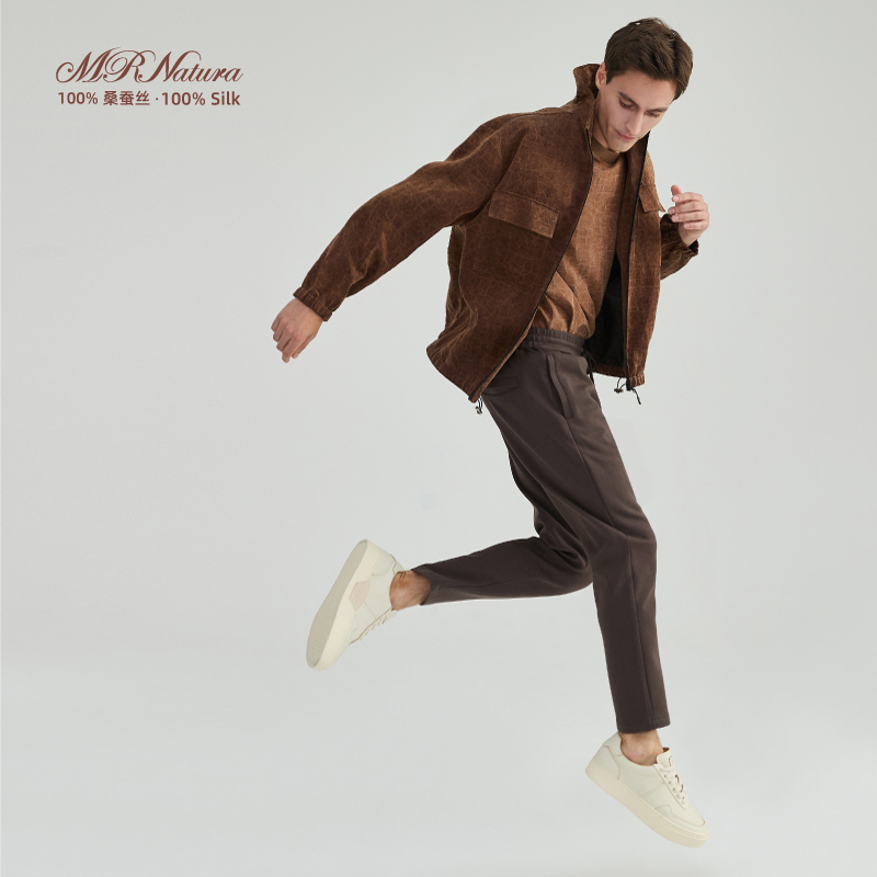 【Silk Xiangyunsha】100% Mulberry Silk Xiangyunsha Stand Collar Zipper Jacket Spring and Autumn Silk Hooded Coat for Men