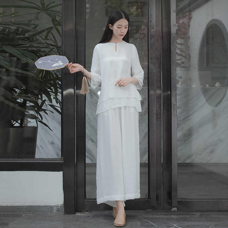 Chinese wind double layer cotton linen jade clasp yoga blouse loose double layer Zen suit tea suit workwear SY110