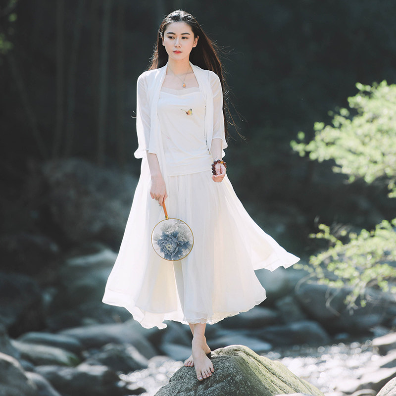 Embellish the beauty of the new Chinese style hand-painted flowers Tencel Chiffon meditation dress cardigan tea suit LY32