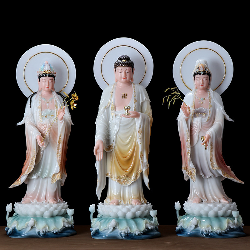 Han Beujade Western Three Holy Buddha statue with glazed glazed piece of the Buddha Buddha statue to the Bodhisattva