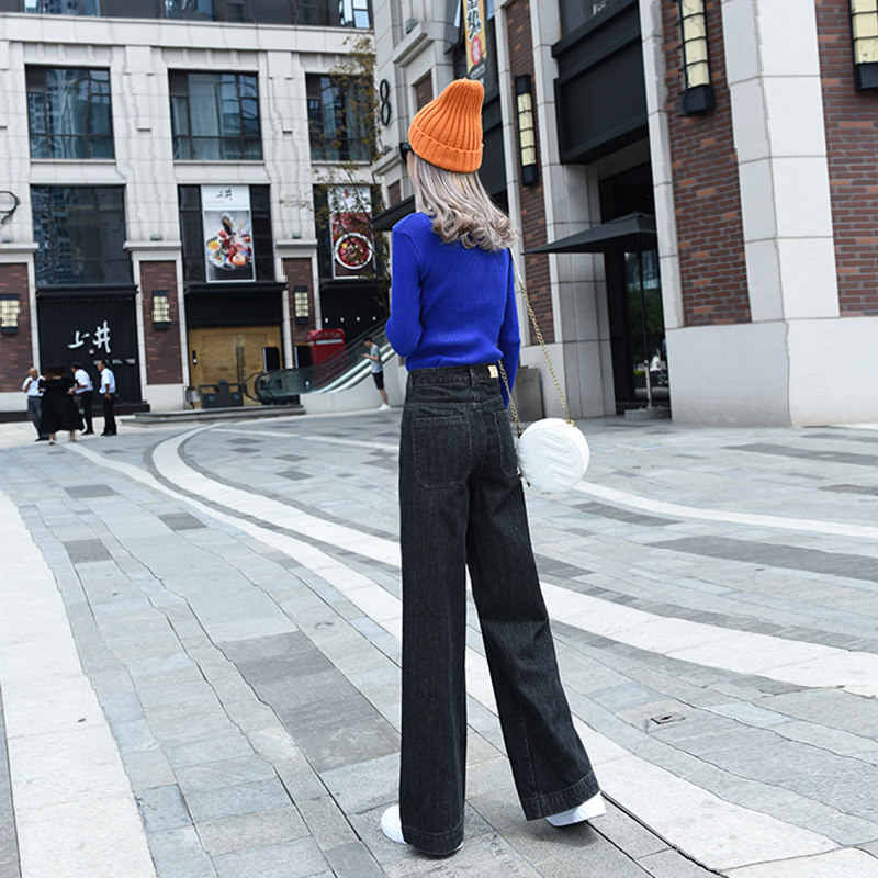 Black wide-leg jeans women's autumn 2019 Korean version high waist Hyuna Hong Kong style large size mm drape loose straight