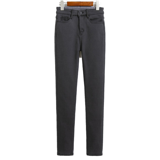 Smoke Gray High-Waisted Jeans for Women, Fleece-Lined, 2025 Autumn and Winter New Style, Stretchy, Slimming, Cropped Pants, Skinny Fit, for Outerwear