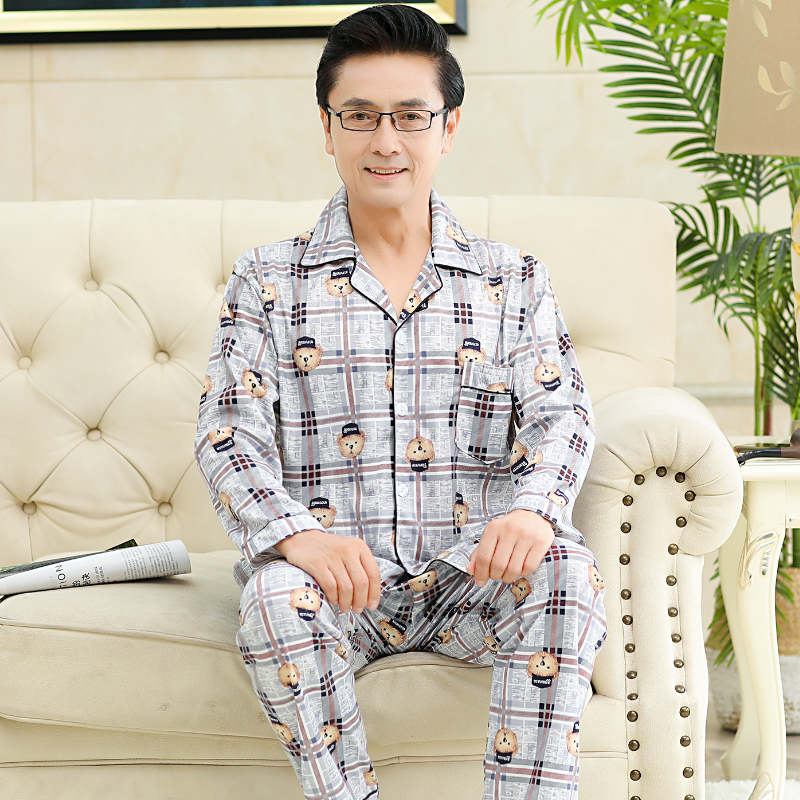 Mùa xuân và mùa thu mens trẻ bộ đồ ngủ dài tay bông trung niên mens pajamacard mens mùa hè quần áo nhà thiết.