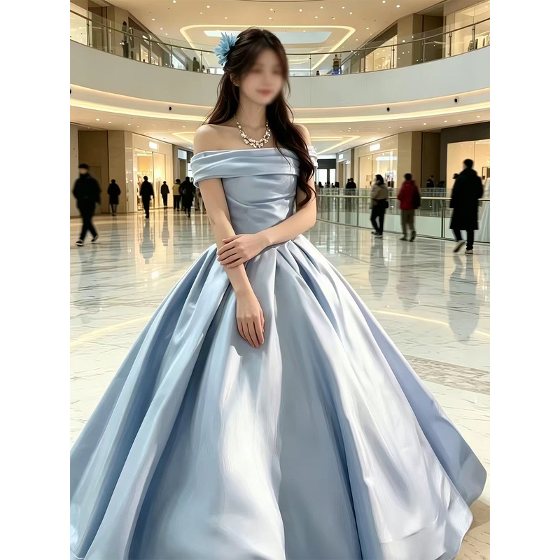 One-Shoulder Blue Evening Dress, High-End Luxury Niche Design for Coming-Of-Age Ceremony, Birthday Party, Host, Student Art Exam Performance