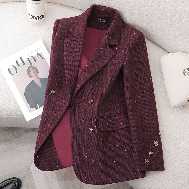 Elegant and Fashionable Casual Jacket, Red Slim-Fit Suit, Spring and Autumn Slimming Professional Korean-Style Double-Breasted Coat for Autumn and Winter