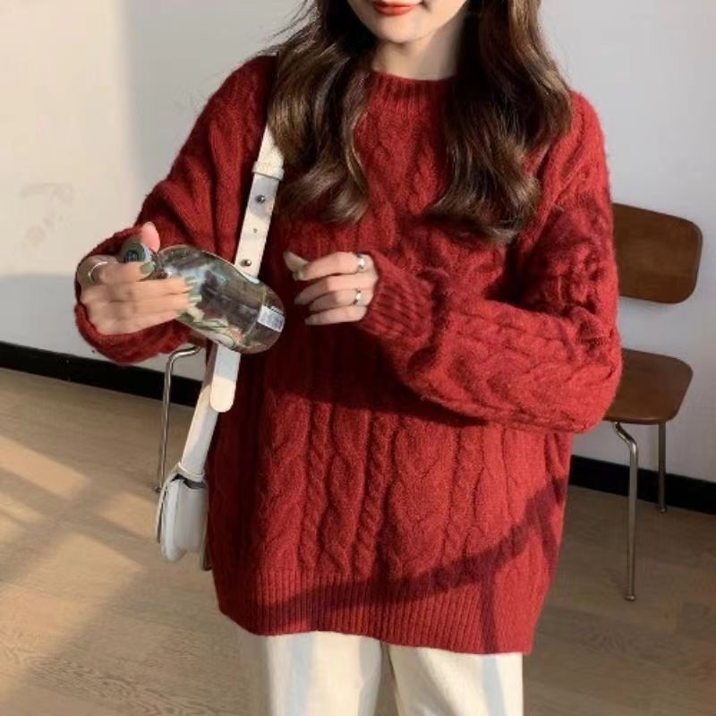 Plus-Size Trendy Thick Cable Knit Sweater for Women 100kg Loose Fit Slimming Knit Top Base Layer