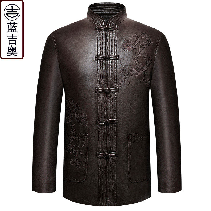 Middle-aged Tang clothing leather men's winter velvet thickened leather jacket quilted jacket Old man clothes Chinese wind cotton coat jacket