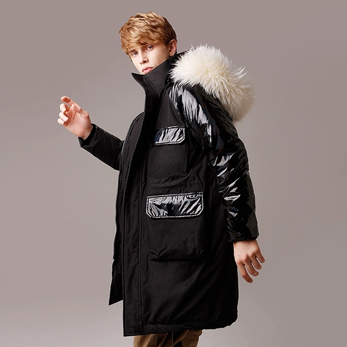 Длинный зимний пуховик для мальчиков, трендовая бархатная толстовка с капюшоном, 2019, утиный пух
