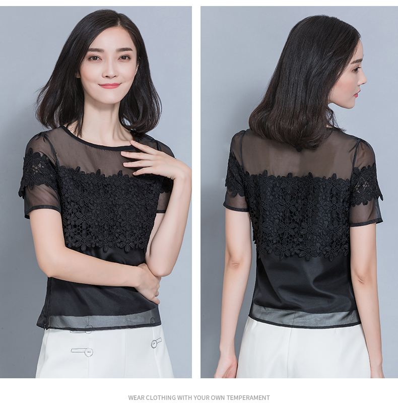 Hiện đại đè bẹp ren áo sơ mi nữ mùa hè 2018 mới ngắn tay rỗng áo sơ mi chiffon lưới mỏng hoang dã áo khoác thủy triều áo sơ mi nữ cao cấp hàng hiệu