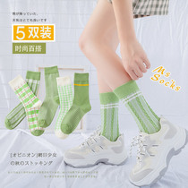 Socks womens mid-tube socks Pure cotton street stockings ins tide spring summer thin section net red plaid socks in the long section heap heap