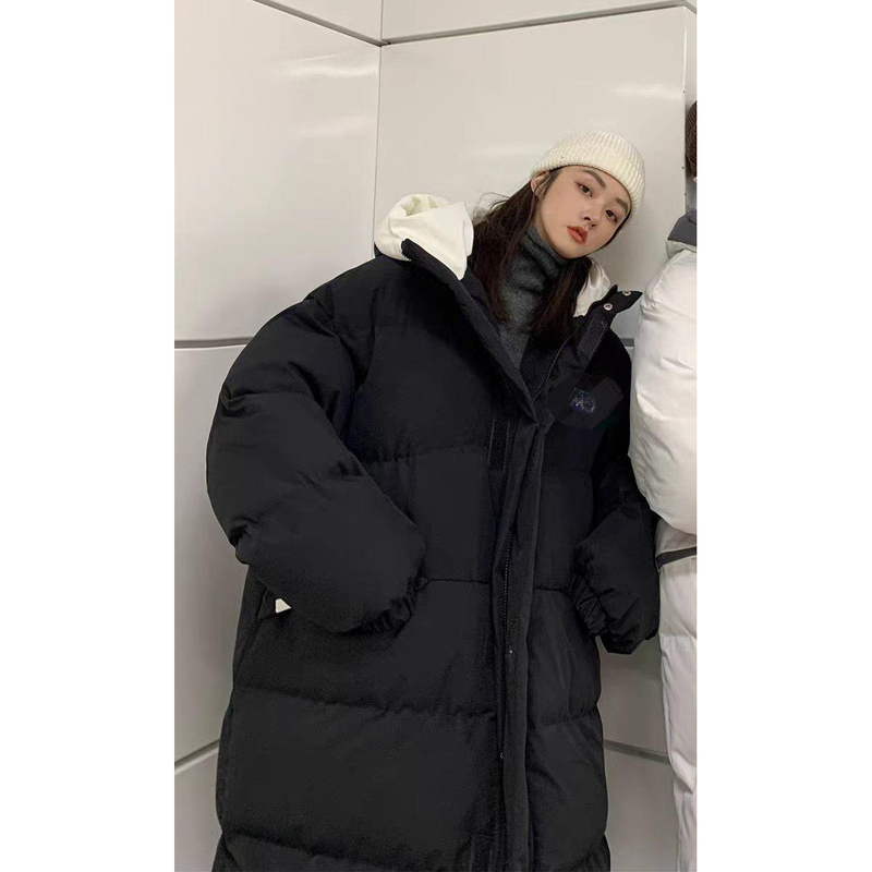 Black Hooded Mid-Length Cotton Coat