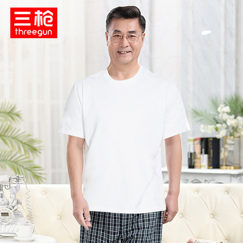 Three-gun short-sleeved T-shirt middle-aged and elderly men cotton crew neck short-sleeved shirt breathable sweat absorbing sweat can wear a solid color undershirt
