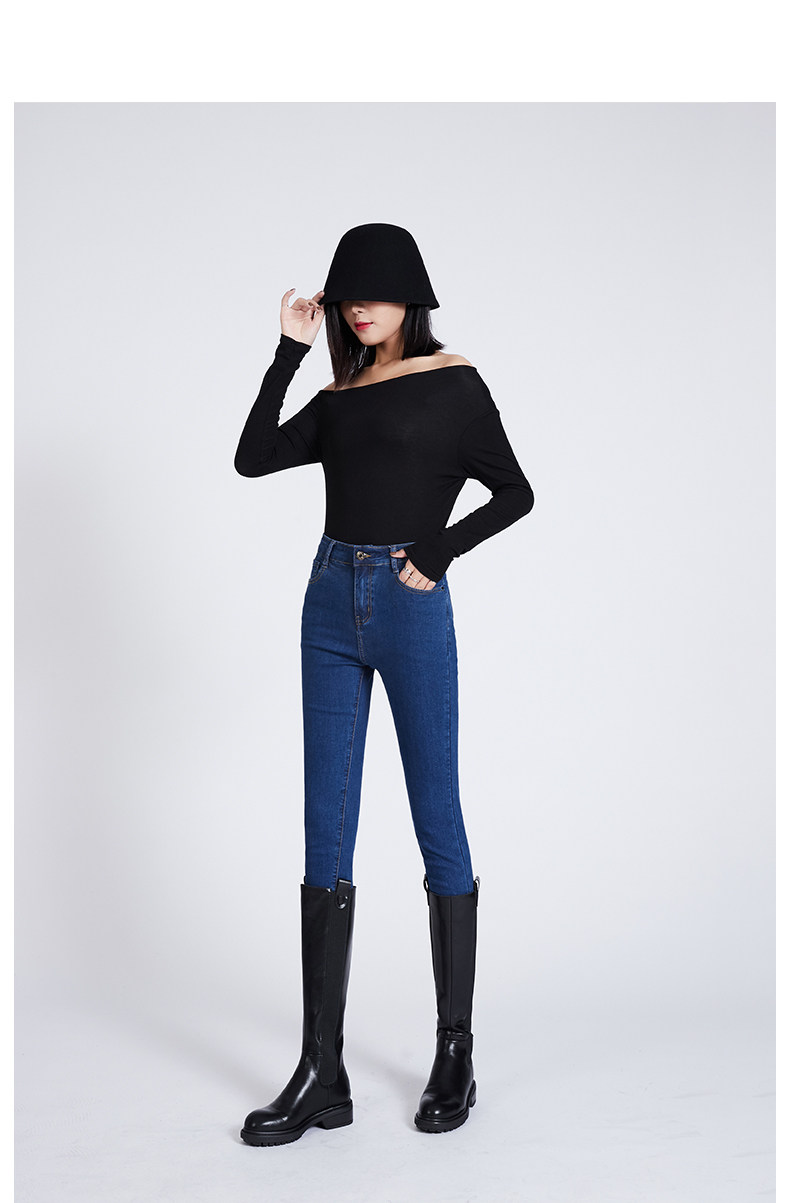 深蓝色牛仔裤女2022夏季新款韩版高腰显瘦修身九分裤弹力紧身长裤详情12