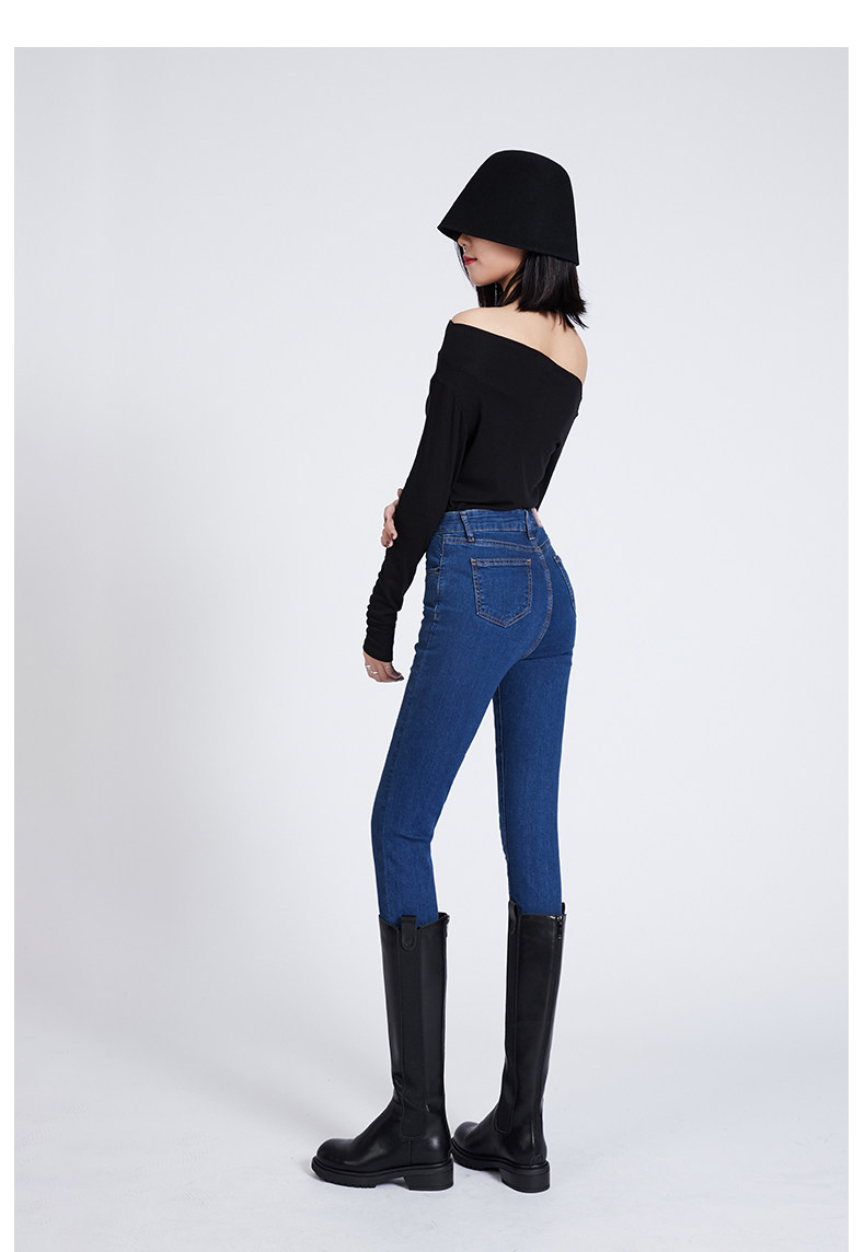 深蓝色牛仔裤女2022夏季新款韩版高腰显瘦修身九分裤弹力紧身长裤详情16