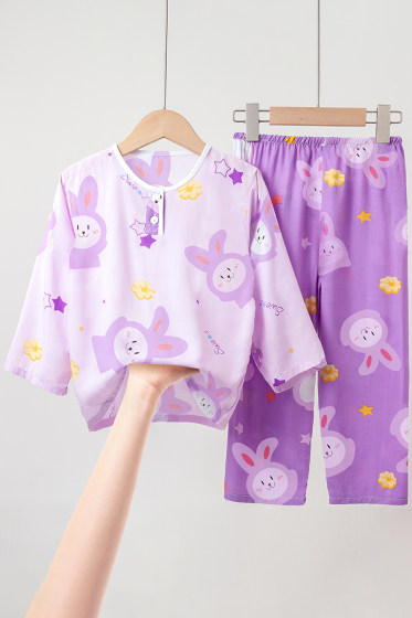 夏季儿童绵绸睡衣女孩女童宝宝套装家居服男孩棉绸长袖薄款空调服