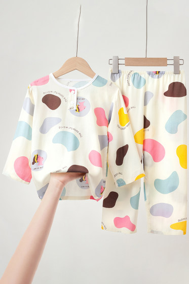 夏季儿童绵绸睡衣女孩女童宝宝套装家居服男孩棉绸长袖薄款空调服