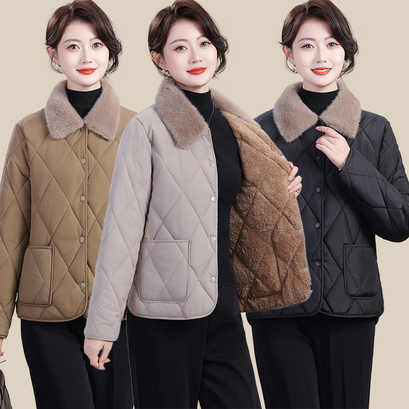 Winter Short Cotton Coat with Fur Collar and Fleece Lining for Women, Warm Jacket for Mothers, Trendy and Versatile Cold-Proof Small Cotton Coat This Year