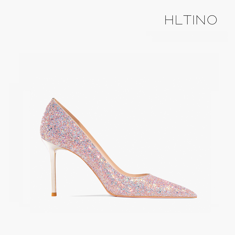 2026 New Pointed-Toe High-Heeled Shoes for Women, Stiletto Heels, Pink Sequin Flats, Ceremonial Wedding Shoes, Small Size 3233 Bridal Shoes