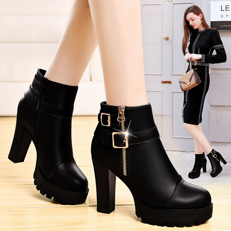 High heels women fall/winter 2021 new winter Joker waterproof platform women thick heel deep mouth shoes round head ladies shoes