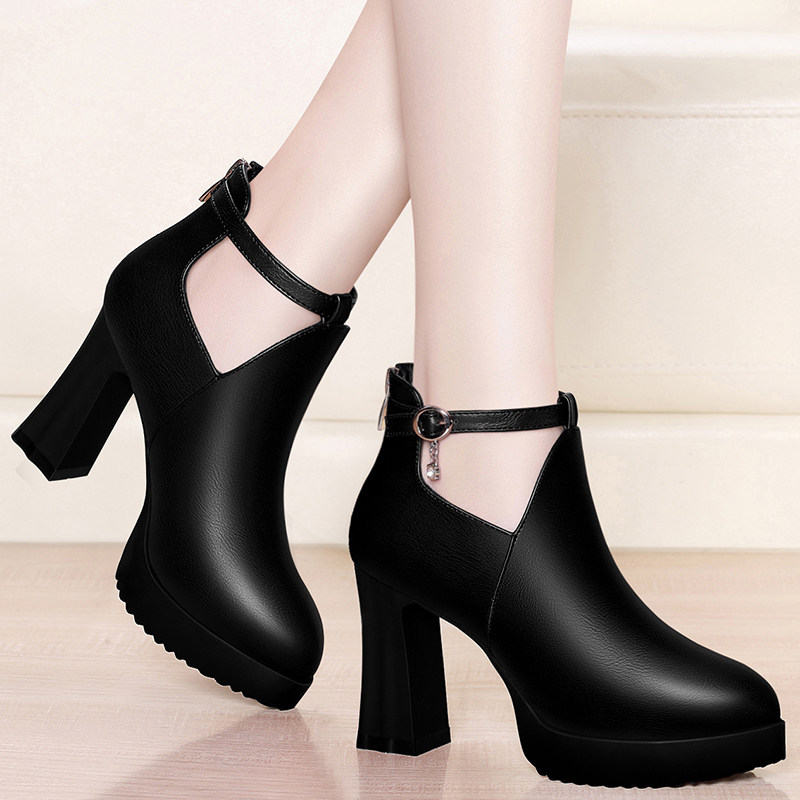 Black High Heels Shoes Women 2021 New Women's Shoes Coarse Heels Single Shoes Women Autumn Winter Waterproof Bench Round Leather Shoes Woman