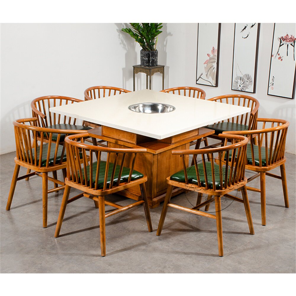Square full marble hotpot table and chairs Combined fire boiler Shop Spicy Hot strings Casual Farm Commercial Restaurant Wood Custom