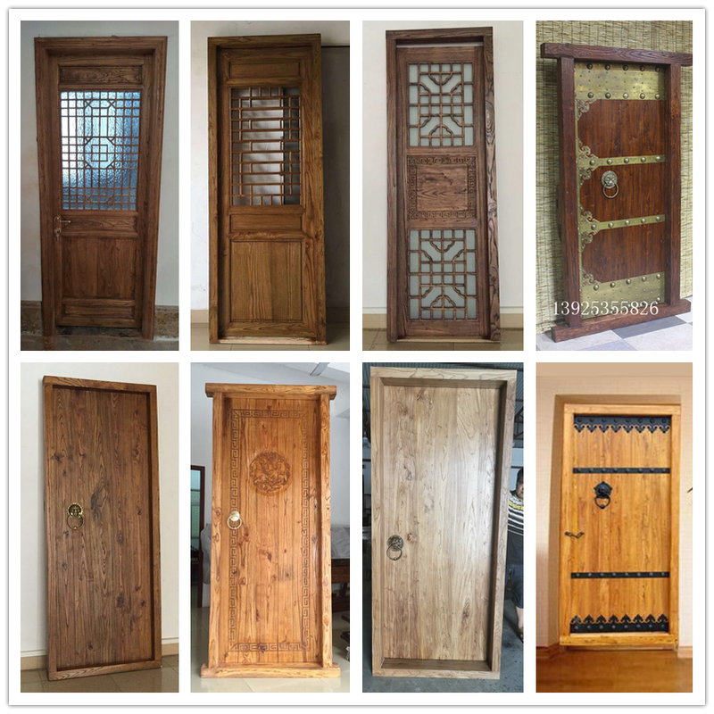 Solid Wood Entry Door Set, Natural Wood Single-Opening Interior Door, Vintage Style for Guesthouse Rooms, Old Elm Wood Bedroom Door