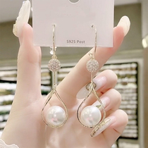 925 silver needle temperament face thin pearl earrings female personality all-match long water drop earrings net red ear jewelry