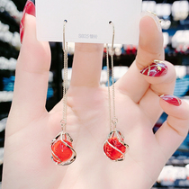 New year Red Cats Eye Stone Ear line light luxury high-grade tassel earrings anti-Loss Net red pop face thin earring