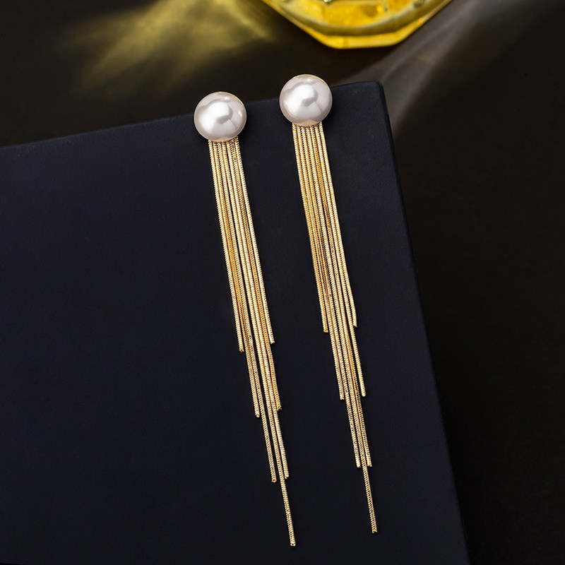 925 Silver Needle Advanced Sensation Pearl Fluke earrings Long version round face Face Lean-in Brief Cool Wind Ear Accessories