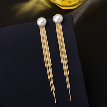 925 silver needle high-quality pearl tassel earrings long round face thin earrings simple cold wind ear jewelry