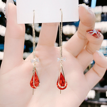 Advanced sense geometric tassel earrings long red water drop ear wire Super Flash temperament personality Joker earring face thin