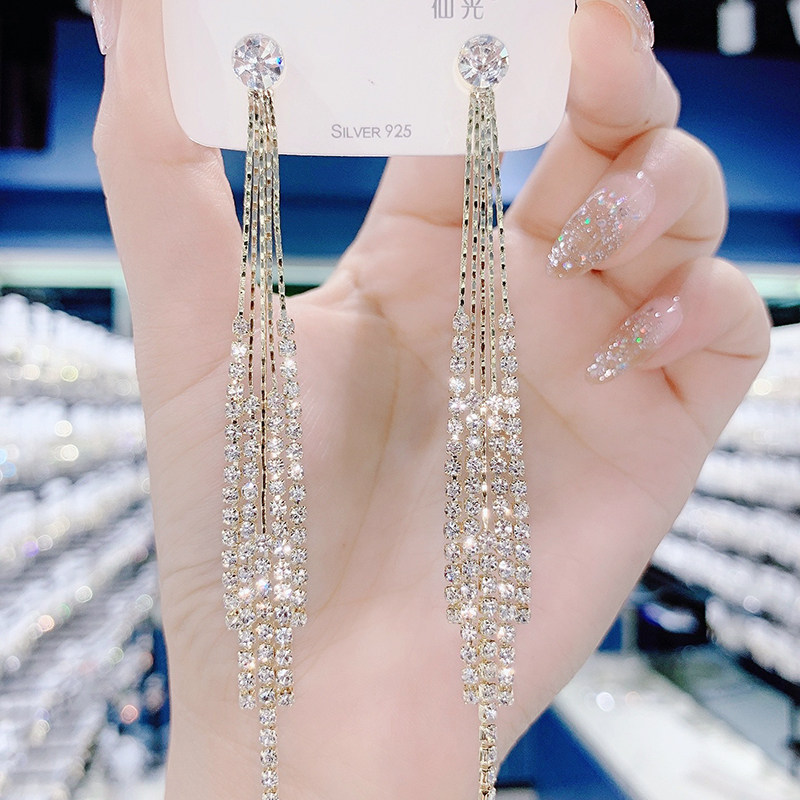 Korean high-end tassel earrings 2021 new trendy sterling silver needle temperament long version exaggerated earrings autumn and winter earrings