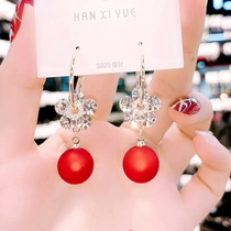 925 sterling silver needle red Frosted Pearl earrings female New Year festive flowers beestring earrings Net red earrings autumn and winter