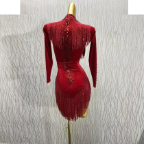 Latin dance competition skirt tassel skirt Chacha dance performance clothing imitation Austrian diamond Rumba dance performance clothing V-neck