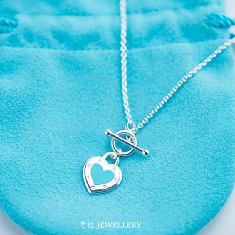 Love Не.Аt Blue Heart Necklace Women's Sterling Silver Blue Enamel Heart Clavicle Chain Ot Pin Buckle Heart-Shaped Gift