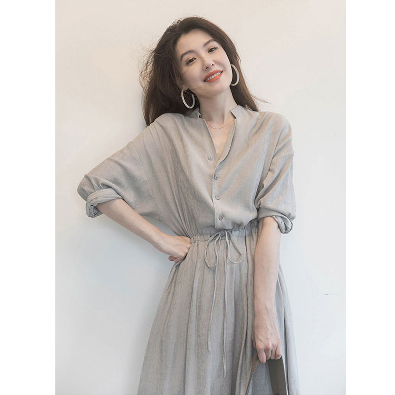 sandro bassa2022 early autumn new shirt snowspun foreign dress Long sleeves V collar collection waist display slim long skirt woman