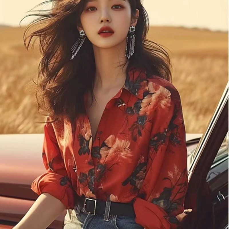 Retro Hong Kong Style Printed Long-Sleeved Shirt for Women 2025 Niche Design High-End Printed Long-Sleeved Shirt for Outer Wear